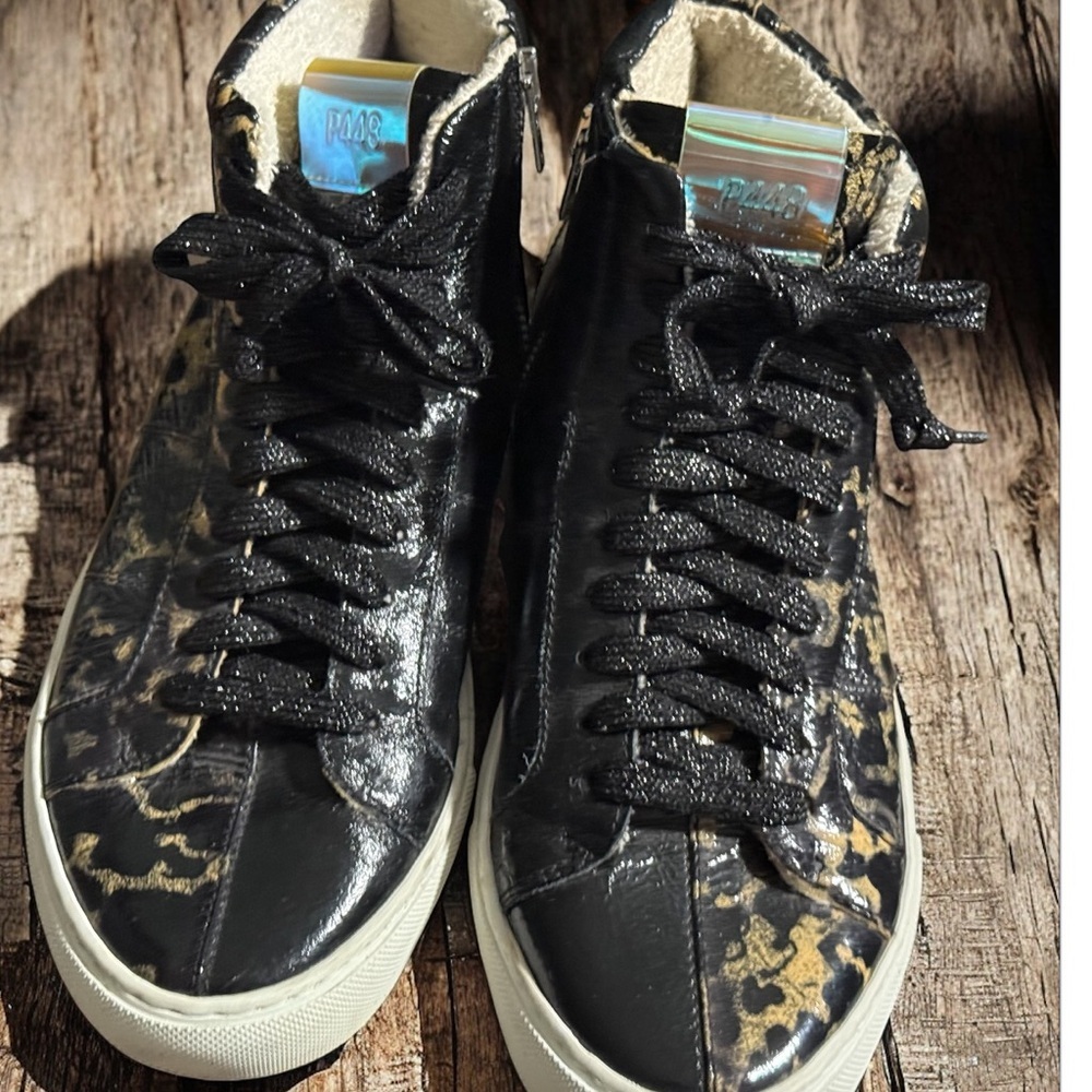 P448 Skate High Top Sneakers Black Leopard Women’s Shoes Size 40 Made In Italy
